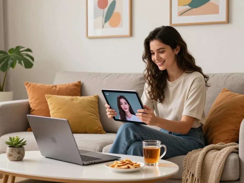Girlfriend AI companion interaction in a cozy home environment.