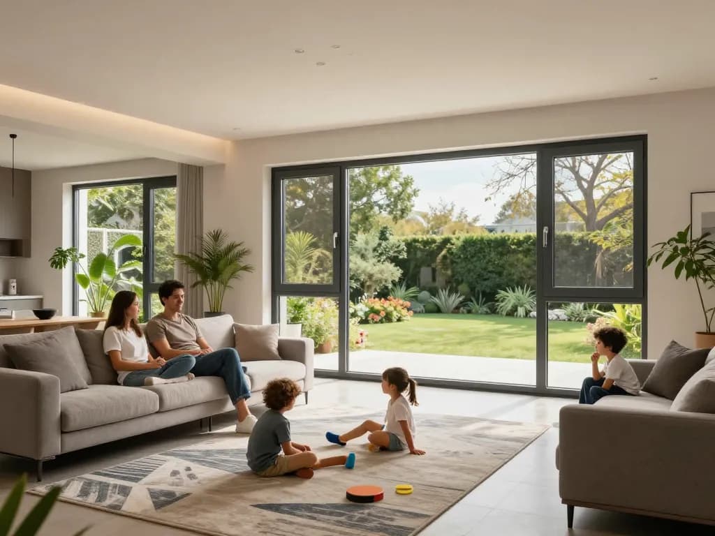 Schüco-Fenster in einem modernen Wohnzimmer, in dem die Familie natürliches Licht und Effizienz genießt.
