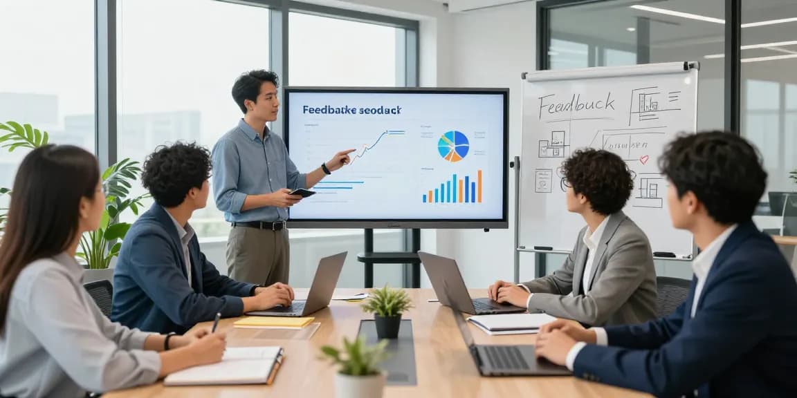 Moderne Büroszene mit einem Team, das über die Feedbackkultur am Arbeitsplatz diskutiert, um die Unternehmenskultur zu verbessern.