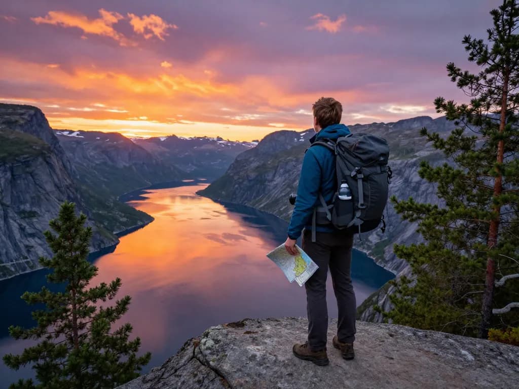 Beeindruckender Fjordblick in Norwegen mit einem Reisenden, der während des Sonnenuntergangs Urlaub in Skandinavien genießt.