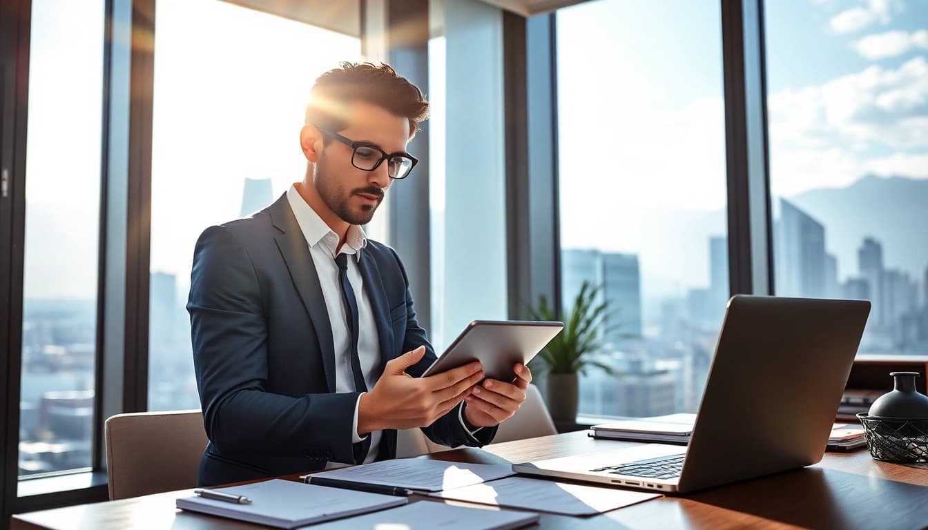 Headhunter Schweiz berät professionelle Klienten in einem modernen Büro mit Stadtansicht.