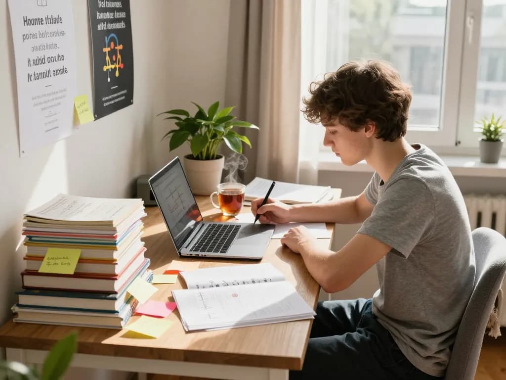 Student konzentriert auf Hausaufgaben lösen in einem sonnigen Arbeitszimmer mit Lehrbüchern und einem Laptop.