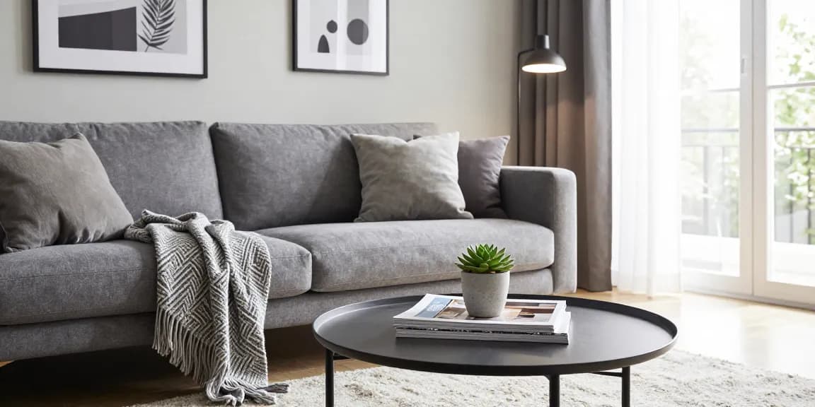 Entdecken Sie ein gemütliches skandinavisches Wohnzimmer mit stilvollem grauem Sofa, einladende Atmosphäre für Möbel direkt bestellen.