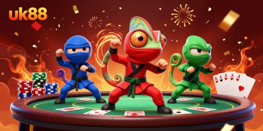 Engage in thrilling gameplay with uk88 as colorful chameleon ninjas showcase a dynamic casino atmosphere.