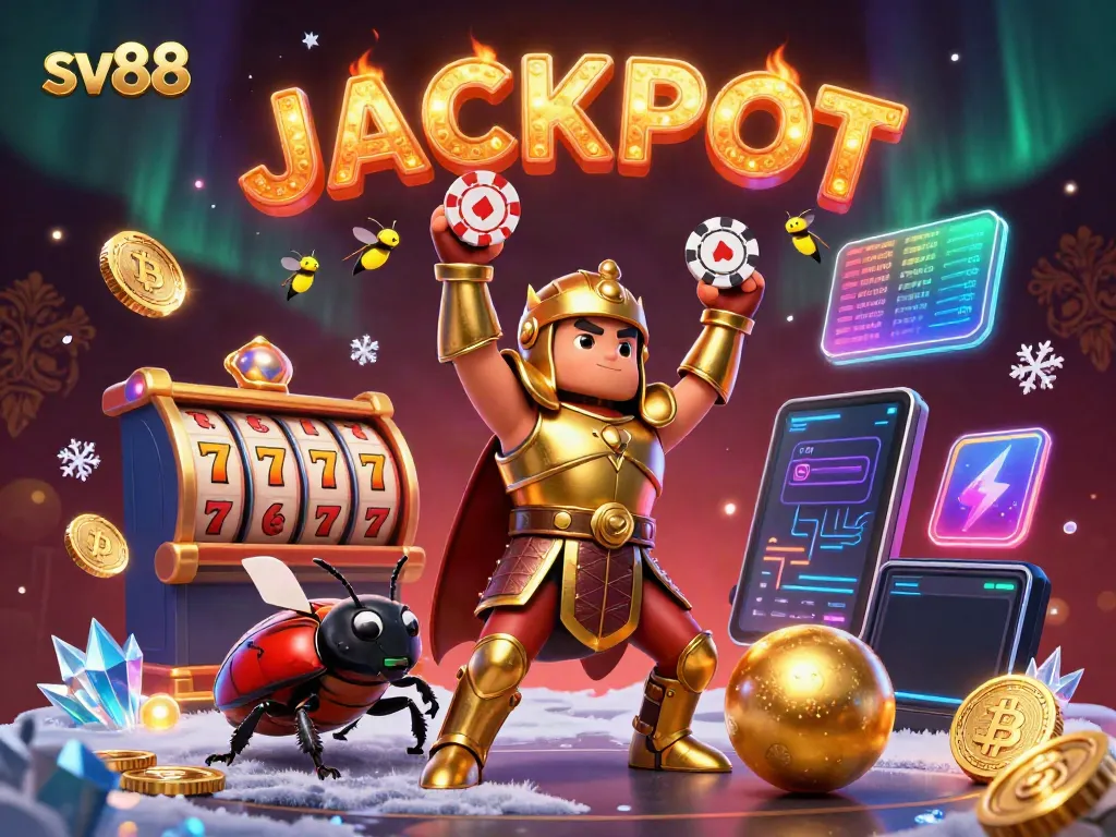 sv88 champions celebrate a casino victory with golden poker chips and glowing cryptocurrency coins