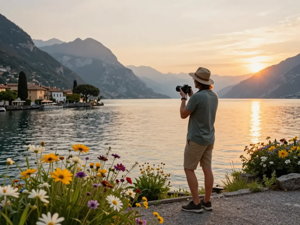 Gardasee Reisetipps: Reisender hält Momente am wunderschönen Aussichtspunkt zum Sonnenuntergang am Gardasee fest.