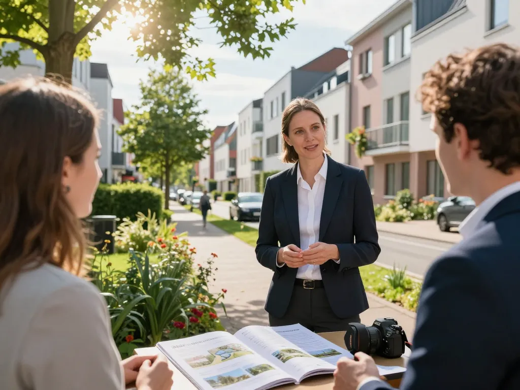 Immobilienmakler Frankfurt Preungesheim stellt wunderschöne Wohnimmobilien mit Kunden vor.