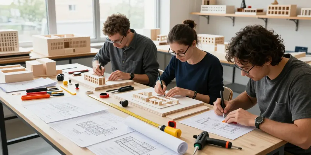 Architekturmodellbau Österreich: Handwerker erstellen detailreiche Modelle in einer Werkstatt mit natürlichen Materialien.