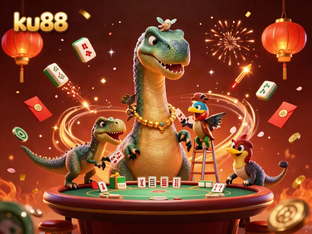 Experience excitement at ku88 with a towering brontosaurus and clever raptor in a vibrant casino scene.