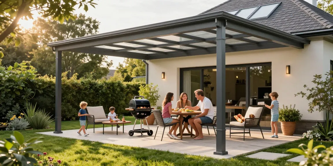 Moderne Terrassenüberdachung schützt die Terrasse, während eine Familie den Sommer genießt.