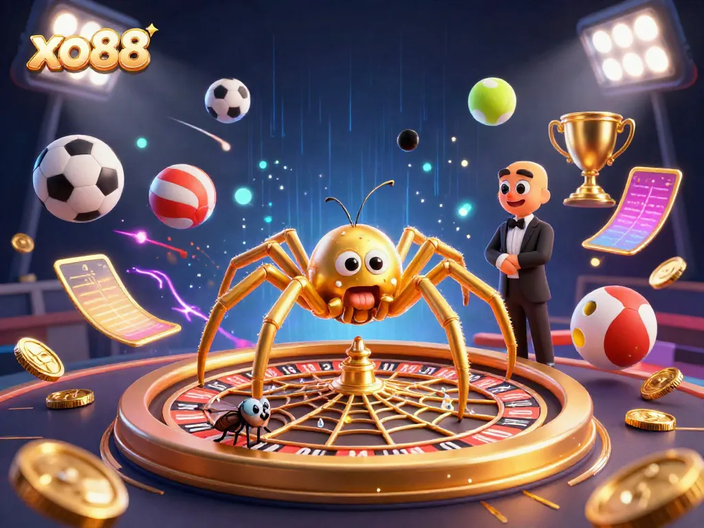 Experience thrilling betting action at xo88 with a 3D cartoon spider and croupier in a vibrant casino scene.