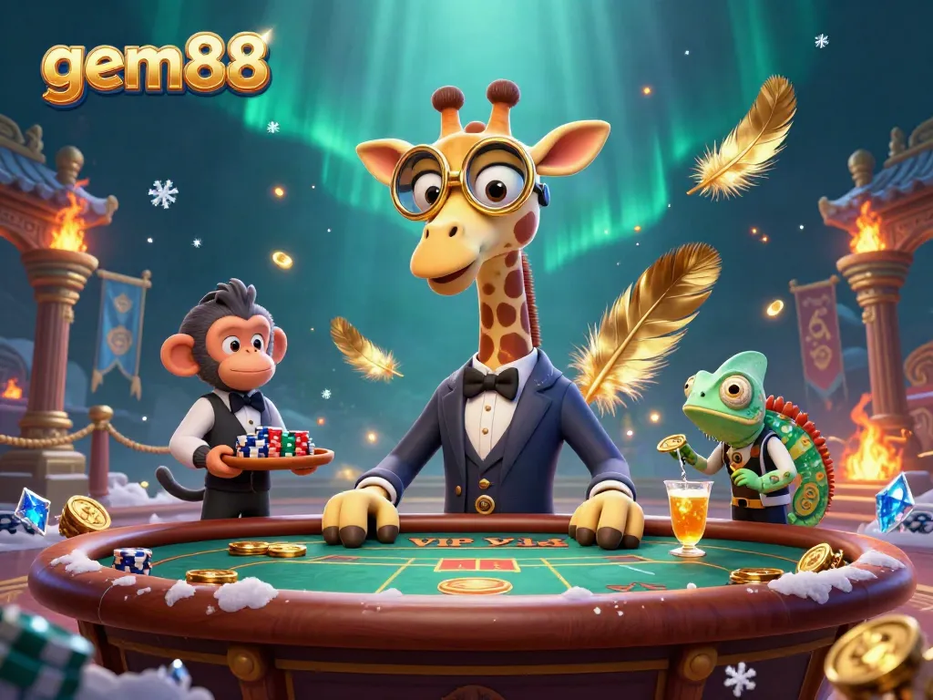 Experience the thrill of gem88 with a high-roller giraffe and vibrant casino scene.