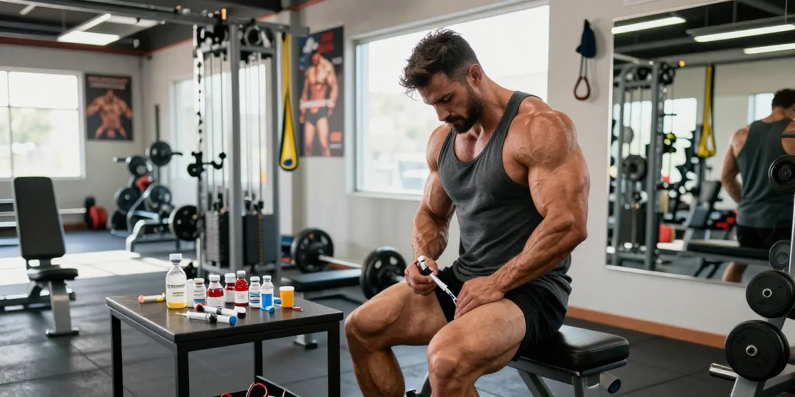 Ein Bodybuilder im Anabolika Shop, der sich konzentriert Anabolika injiziert, um seine Fitnessziele zu erreichen.