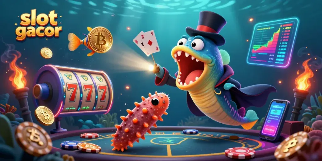 Spin and win with the vibrant slot gacor spectacle featuring deep-sea characters and jackpot reels.