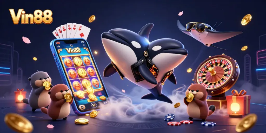 Win big with Vin88’s exciting gaming scene featuring colorful slot games and lucky sea creatures.
