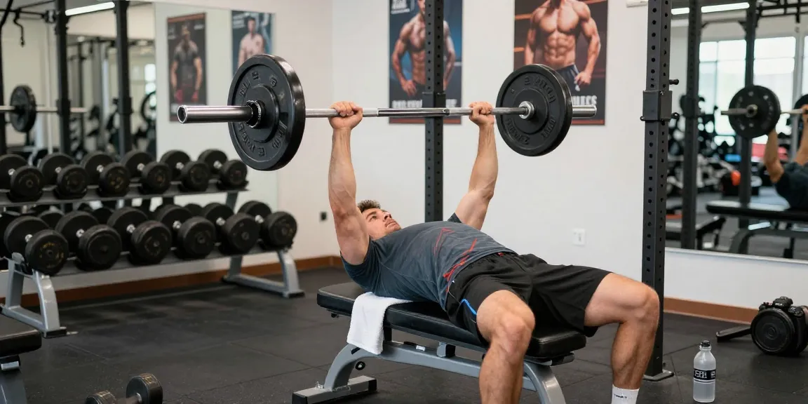 Medi Pharma Steroid Shop: Athletischer Mann beim Bankdrücken im Fitnessstudio, motivierende Atmosphäre.