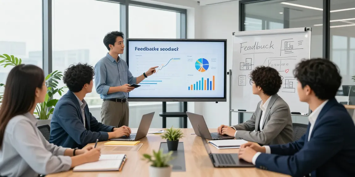 Moderne Büroszene mit einem Team, das über die Feedbackkultur am Arbeitsplatz diskutiert, um die Unternehmenskultur zu verbessern.