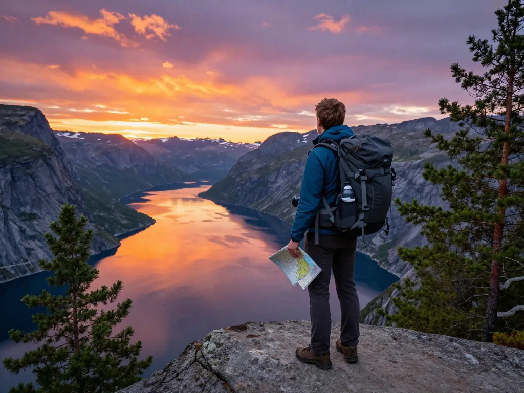 Beeindruckender Fjordblick in Norwegen mit einem Reisenden, der während des Sonnenuntergangs Urlaub in Skandinavien genießt.