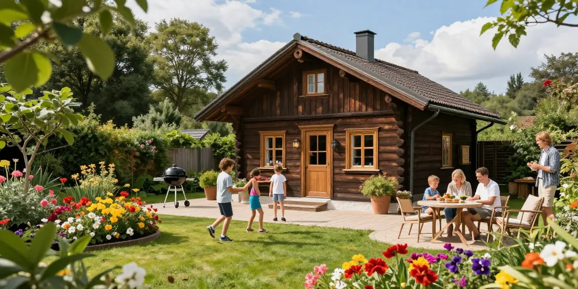 Schönes Gartenhaus umgeben von bunten Blumen, ideal für Familienaktivitäten.