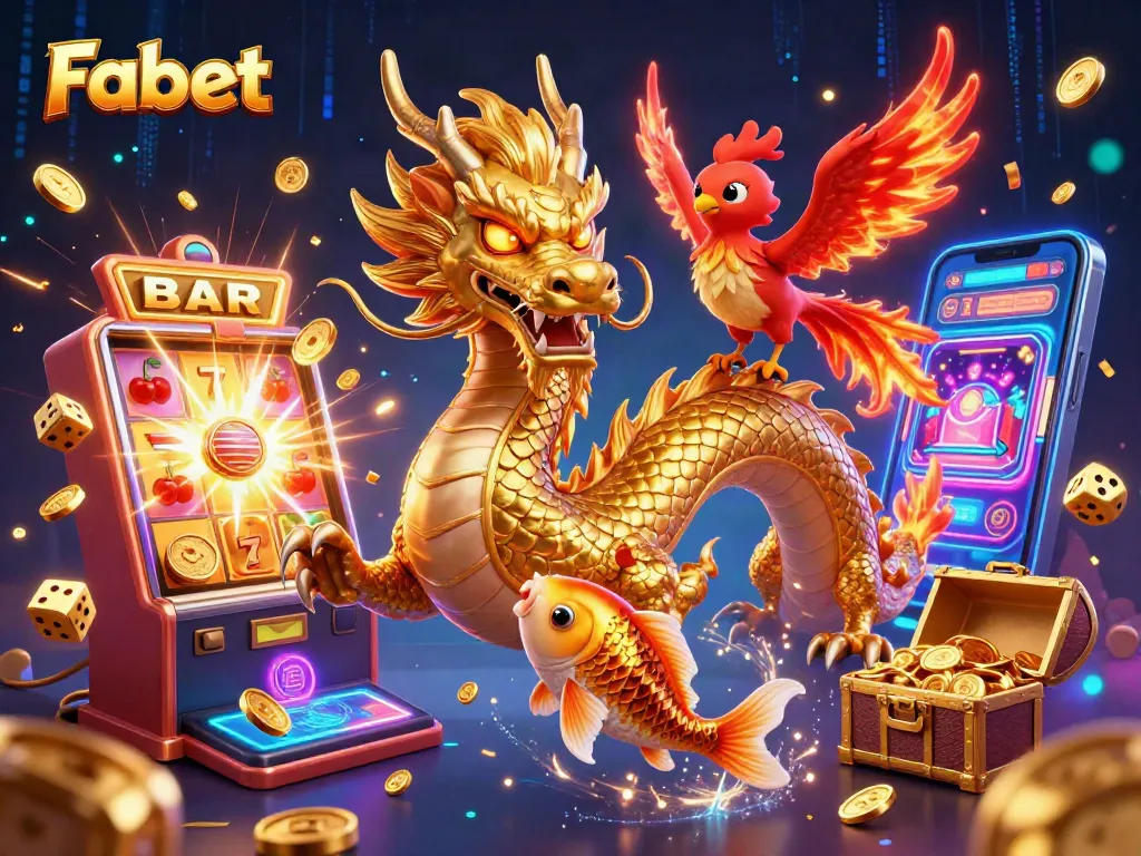Experience thrilling action with Fabet's vibrant 3D casino scene featuring a dragon, phoenix, and koi.