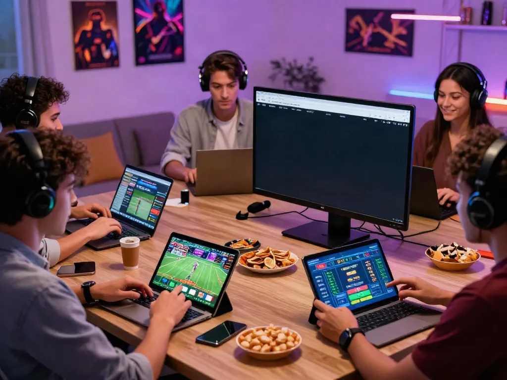 Friends enjoying a dynamic online gaming session at https://sv88.cyou/ with laptops and mobile devices.