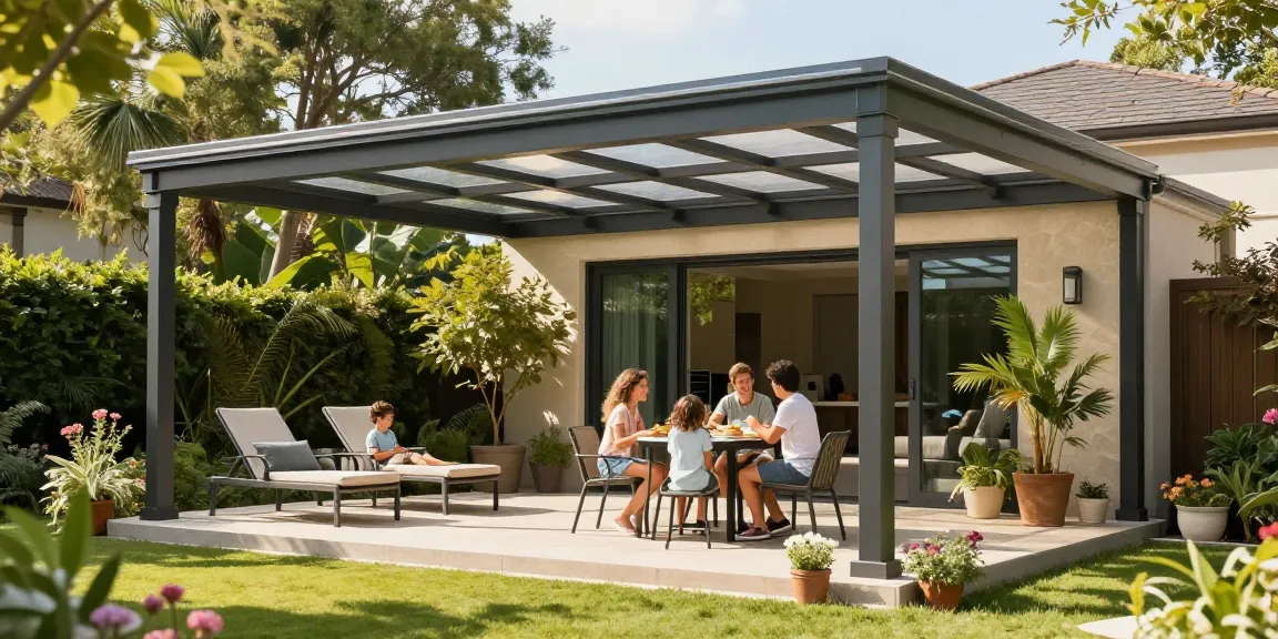 Freistehende Terrassenüberdachung im Garten mit Familie, die die Sonne genießt und eine entspannte Atmosphäre schafft.