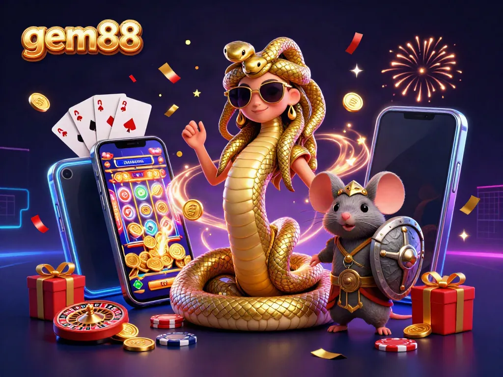 Experience thrilling gaming moments with gem88 as a friendly Medusa and a warrior mouse celebrate wins with slots and coins.