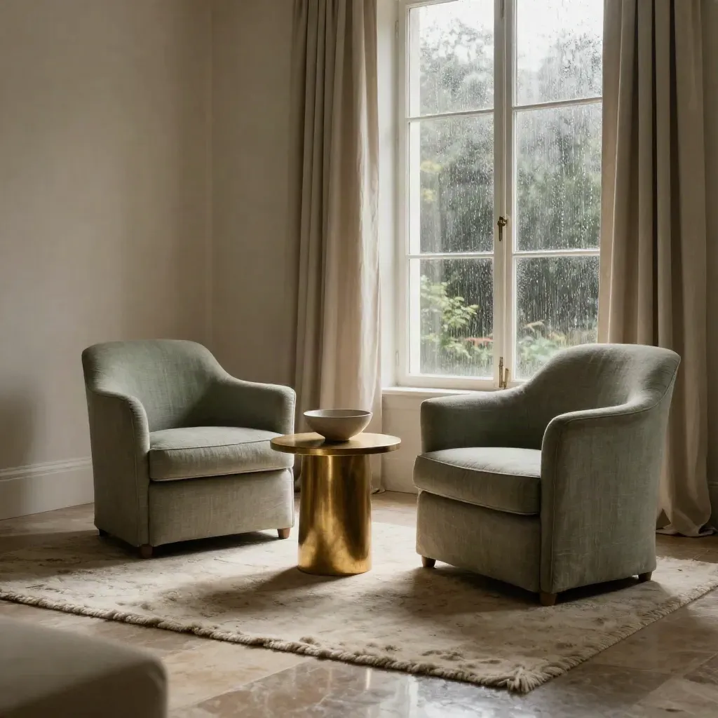 Luxuriöses Beratungszimmer mit zwei Sesseln, Goldtisch und Regen am Fenster.