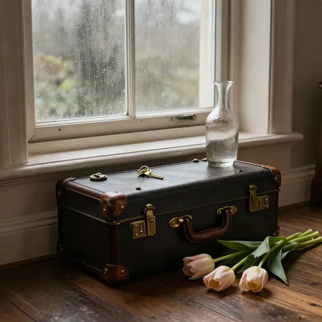 Geschlossener Koffer, Schlüssel, Vase und verblühte Tulpen auf einer nassen Fensterbank.