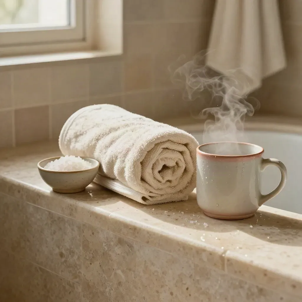 Badewannenrand mit Handtuch, Salatschale, Bademantel und Keramikbecher im warmen Dampf.