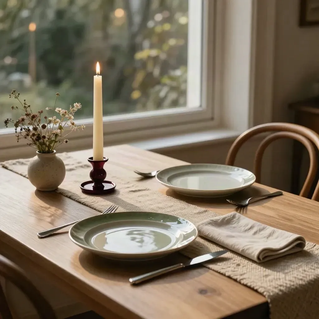 Vorbereiteter Date-Tisch am Fenster mit Tellern, Kerze, Wildblumenstrauß und zwei Stühlen.
