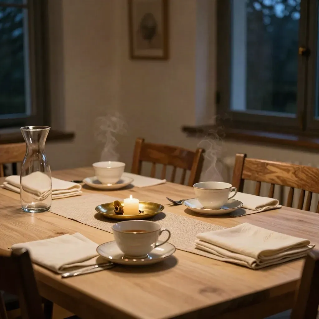 Ruhiger Abendtisch mit Teetassen, Kerzenresten und warmem Fensterlicht.