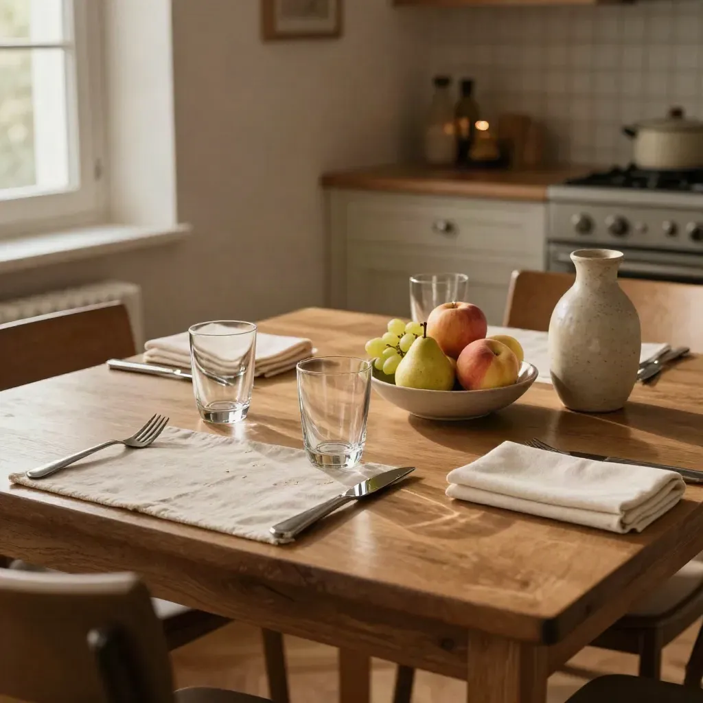 Gedeckter Abendtisch mit Wassergläsern, Besteck, Stoffsets und Obstschale im warmen Licht.