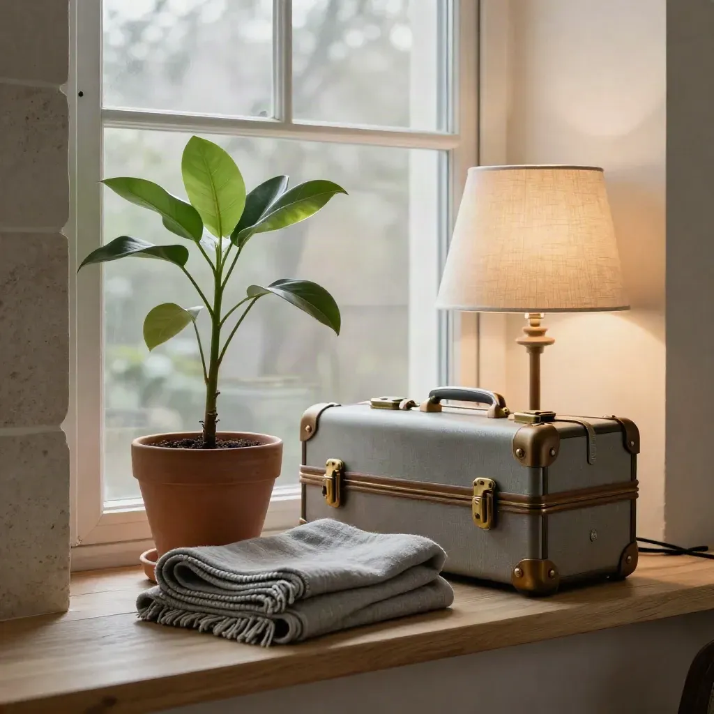 Fensterbank mit Pflanze, Throw, Koffer und Lampe im sanften Morgenlicht.