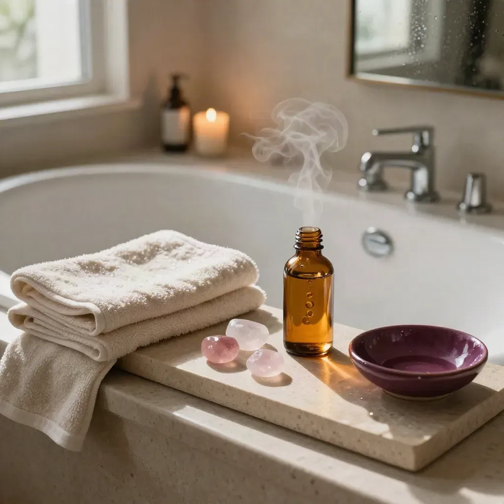Dampfendes Self-Care-Bad mit Tüchern, Rosenquarz, Ölflasche und beschlagenem Spiegel.