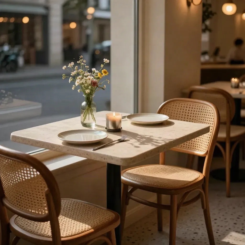 Vorbereiteter Café-Tisch am Fenster mit zwei Tellern, Kerze, Mini-Bouquet und zwei Stühlen.