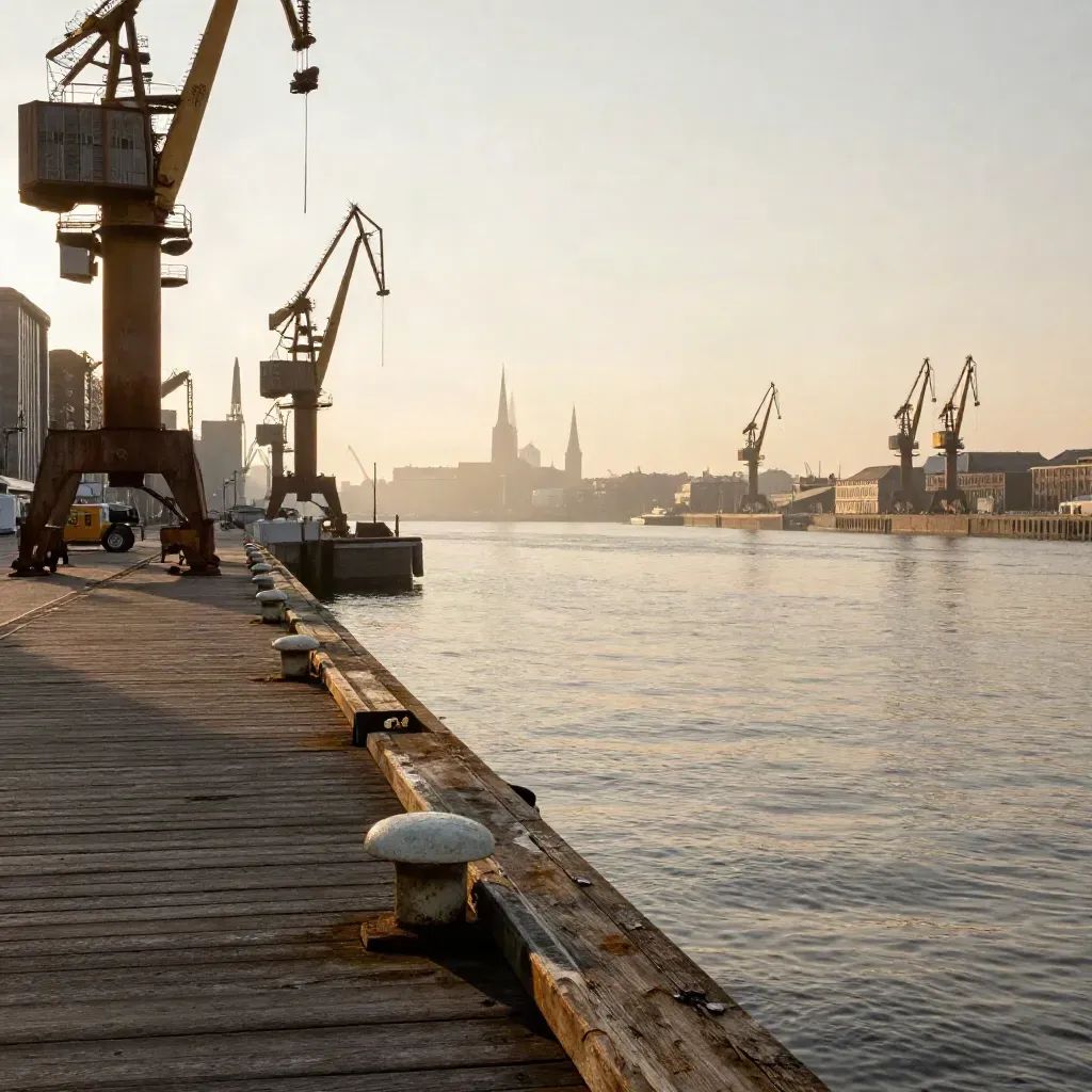 Hamburger Hafen bei Goldlicht mit Kränen, ruhigem Wasser und fernen Kirchtürmen im Dunst.