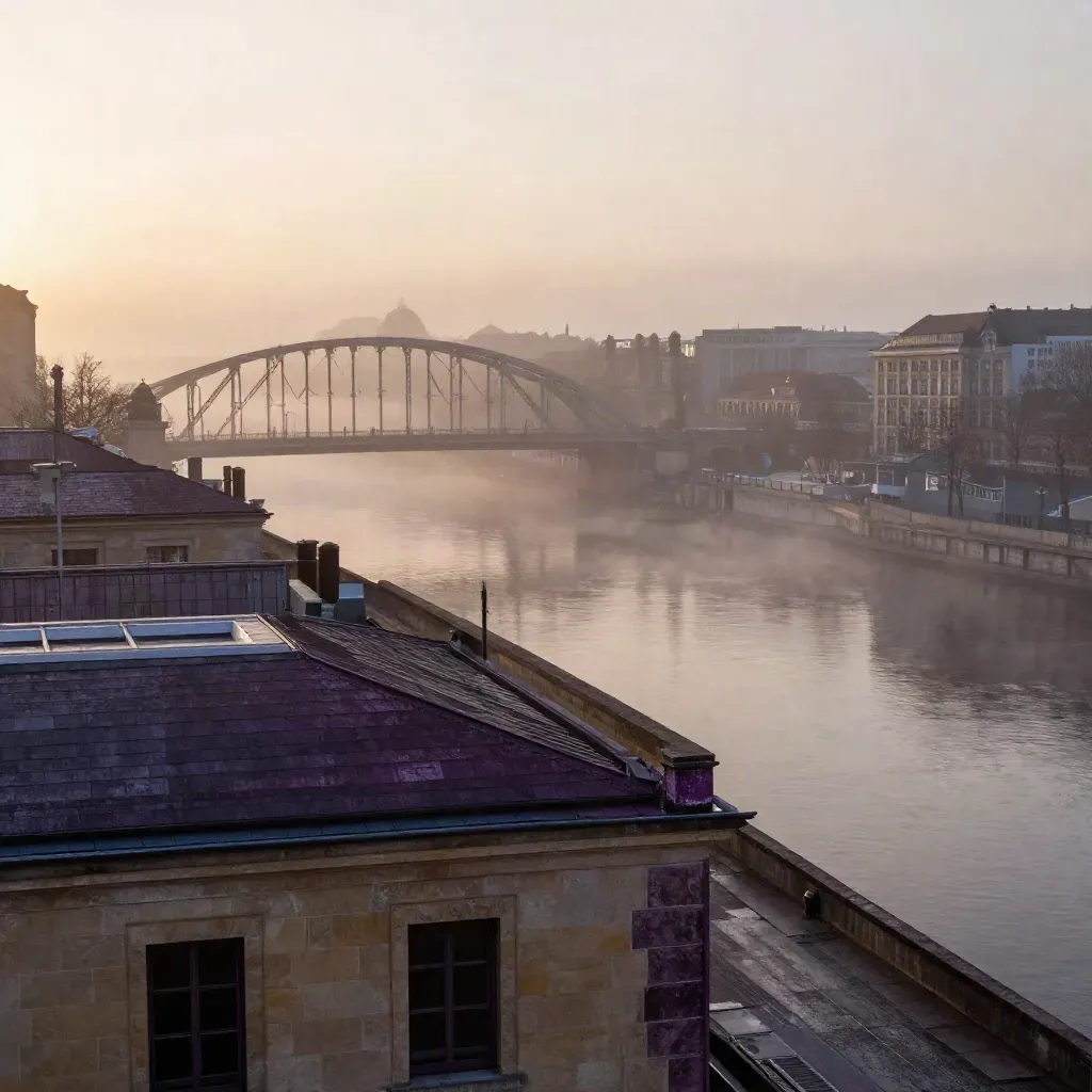 Morgendliche Berliner Dachlandschaft mit Spree, Brücke und fernen Kuppeln im Nebel