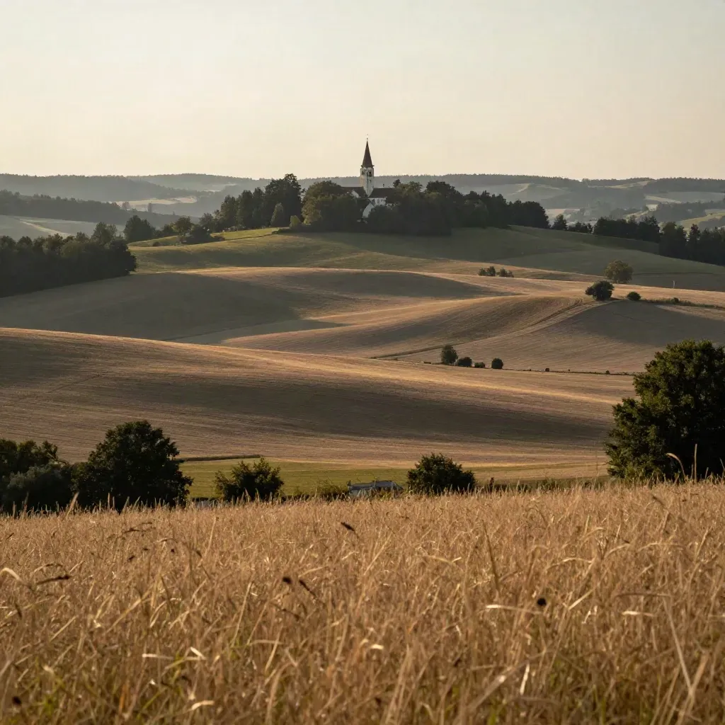Weite Isar-Landschaft im Alpenvorland mit Kirchturm und warmem Abendlicht.