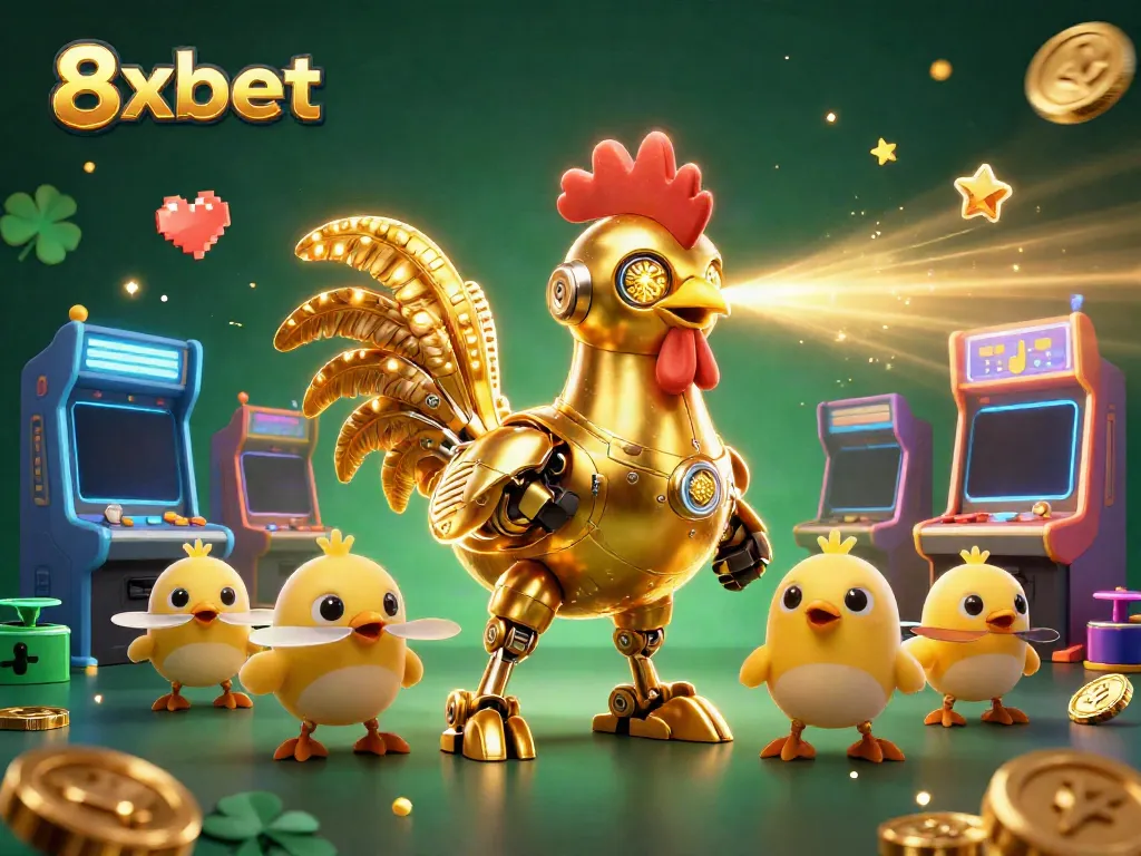 Engage with 8xbet's dynamic gaming experience featuring a futuristic rooster robot and arcade machines.