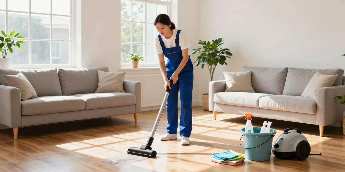 Professional umzugsreinigung bern scene, cleaner in uniform efficiently vacuuming a bright living room.