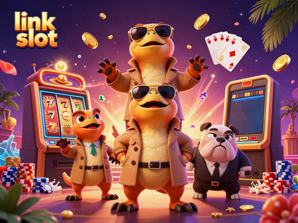 Experience the thrill of winning on link slot machines with vibrant casino elements and playful characters.