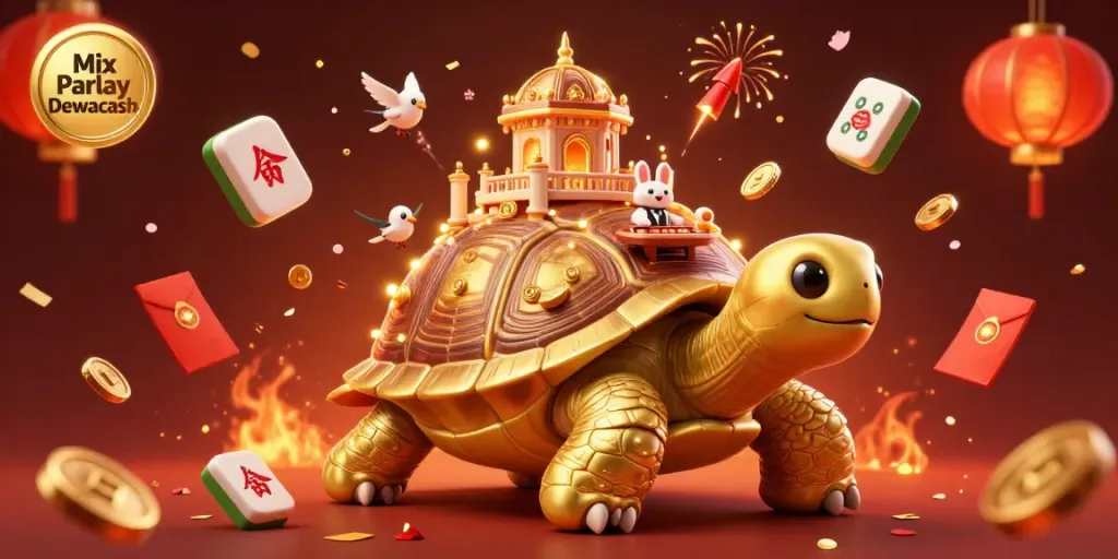 Engage with Mix Parlay Dewacash in this vibrant 3D casino scene featuring a golden tortoise, rabbit dealer, and celebratory elements.