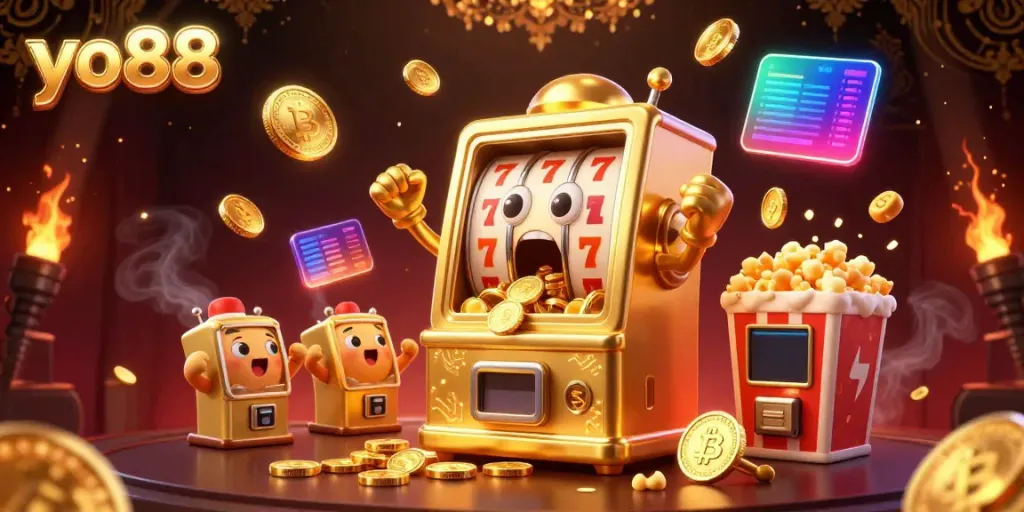 Experience the thrill of yo88 with vibrant slot machines, digital coins, and a dynamic casino atmosphere.