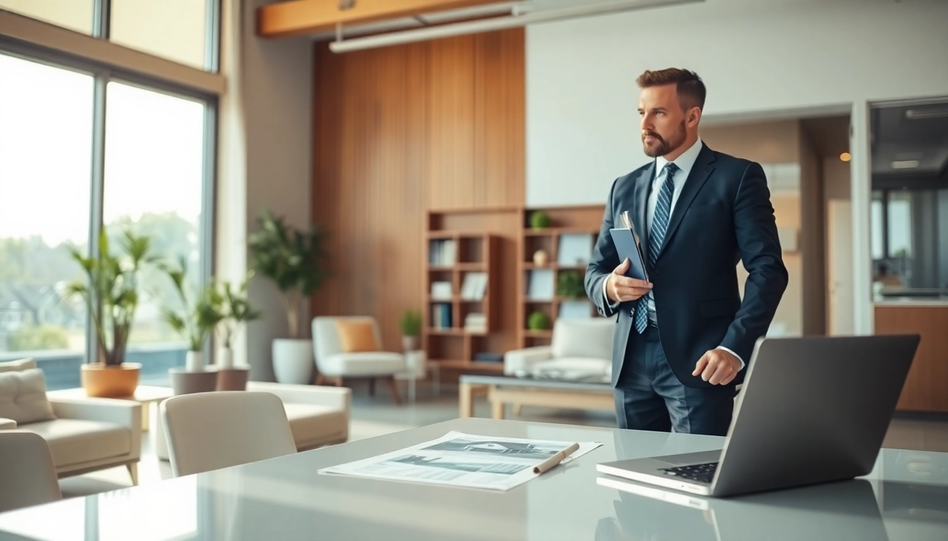 Immobilienmakler Frankfurt Eschersheim berät in einem modernen Büro mit großen Fenstern.