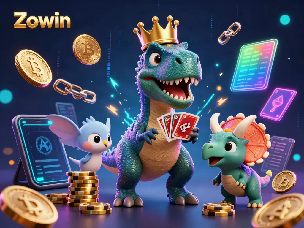 Zowin illustrates a playful scene with a cartoon T-Rex shuffling cards and a triceratops stacking chips amidst vibrant casino elements.