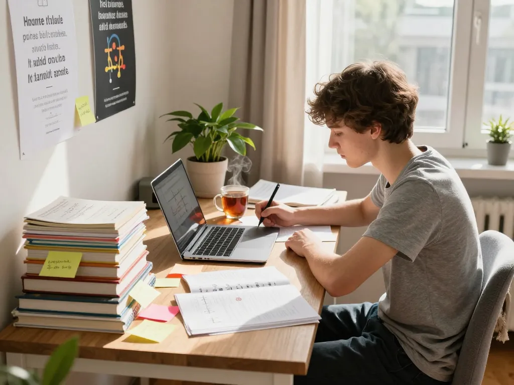 Student konzentriert auf Hausaufgaben lösen in einem sonnigen Arbeitszimmer mit Lehrbüchern und einem Laptop.