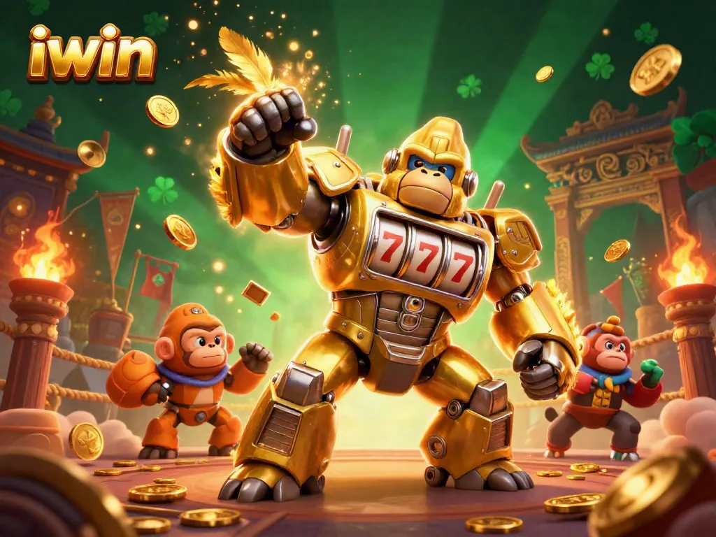 Spin to win with iwin: An energetic scene featuring a golden gorilla mech and dynamic slot elements.
