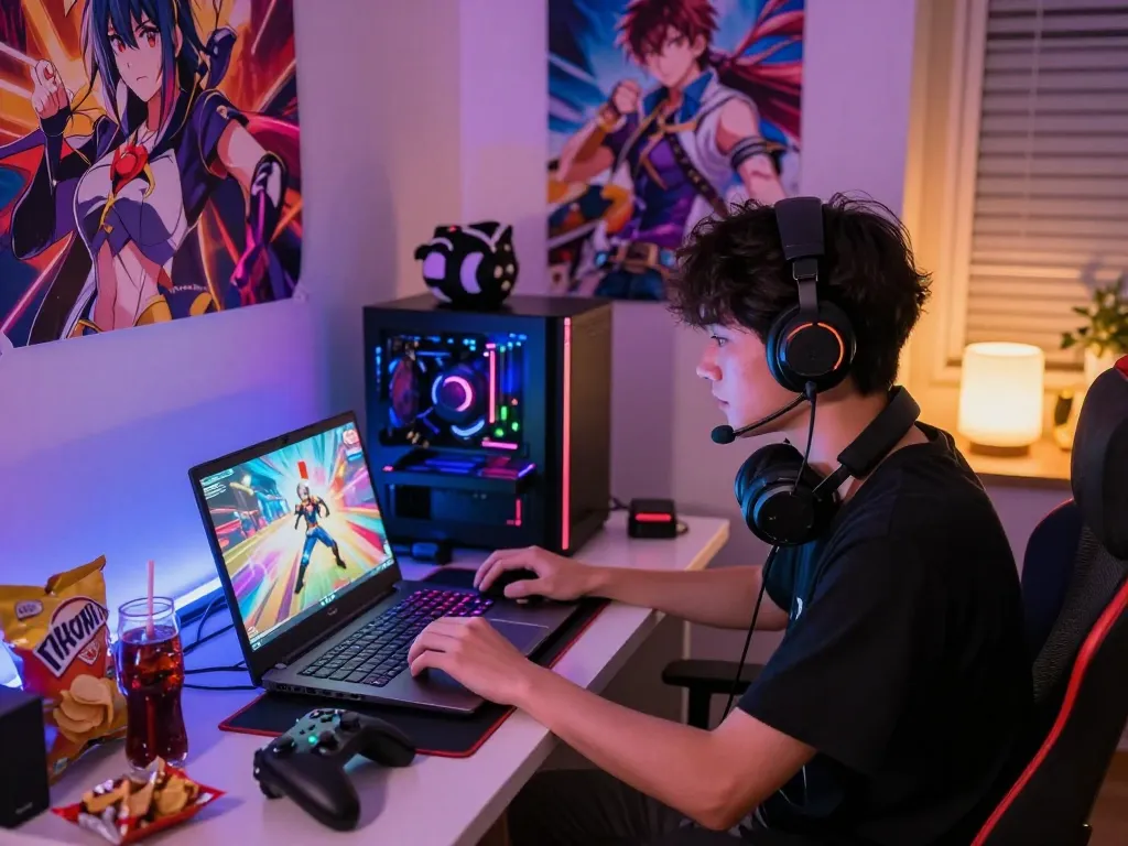 Engaged player enjoying a hentai game in a cozy gaming setup with vibrant LED lighting.