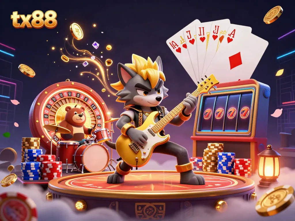 Experience the excitement of tx88 with a rock star wolf jamming on stage in a vibrant casino setting.